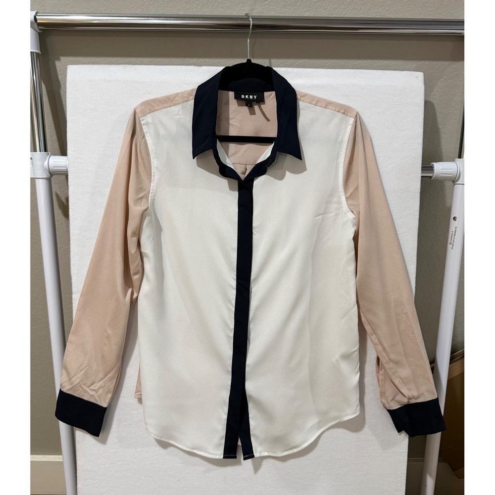 DKNY Women's Colorblock Button Down Blouse Pink Cream Long Sleeve Small